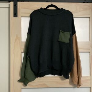 POL Color Block Oversized Sweater Balloon Sleeve Cotton Slouchy Boho Large